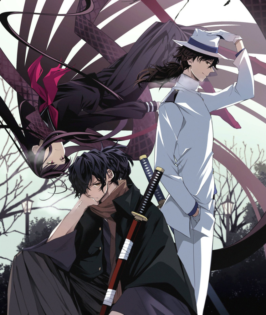 1girl 2boys bare_tree black_hair black_jacket black_kimono black_serafuku black_shirt blunt_bangs breath brown_eyes brown_scarf closed_mouth cowboy_shot facial_hair fate/grand_order fate_(series) fedora feet_out_of_frame floating from_side full_body gloves grey_hakama hair_over_one_eye hakama hand_in_pocket hand_on_headwear haori hat head_rest highres holding holding_sword holding_weapon jacket japanese_clothes katana kimono knee_up lamppost long_hair long_skirt long_sleeves looking_at_viewer low_ponytail morita_yuu multiple_boys neckerchief okada_izou_(fate) oryou_(fate) outdoors pantyhose pink_neckerchief pink_pantyhose pleated_skirt ponytail profile purple_scarf red_eyes sakamoto_ryouma_(fate) scarf school_uniform scowl serafuku sheath sheathed shirt sideways_glance sitting skirt smile standing stubble suit sword torn_neckerchief tree upside-down very_long_hair weapon white_gloves white_headwear white_jacket white_suit