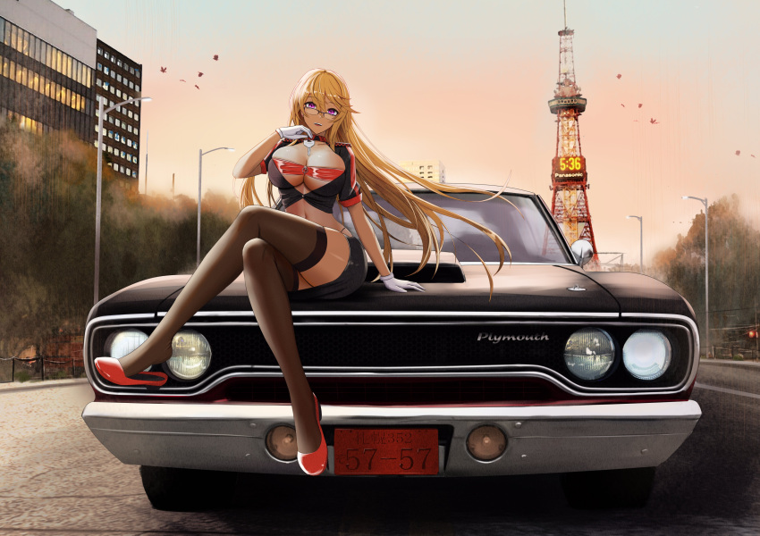 1girl absurdres bird black_thighhighs breasts building cleavage collarbone commentary commission crossed_arms english_commentary floating_hair gloves highres kcar66t key lamppost large_breasts long_hair open_clothes open_shirt original pencil_skirt plymouth real_world_location road sapporo_(city) sapporo_tv_tower second-party_source sitting_on_car skirt solo thighhighs tower twilight white_gloves wind wind_lift