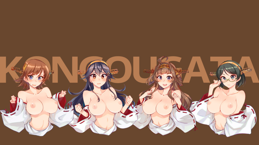 4girls ahoge bare_shoulders black_hair blue_eyes blush breasts brown_background brown_eyes brown_hair clenched_hands closed_mouth collarbone detached_sleeves double_bun glasses green-framed_eyewear grey_eyes hair_between_eyes hair_bun hair_ornament hairband hairclip haruna_(kancolle) haruna_kai_ni_(kancolle) headgear hiei_(kancolle) hiei_kai_ni_(kancolle) highres japanese_clothes kantai_collection kirishima_(kancolle) kirishima_kai_ni_(kancolle) kongou_(kancolle) kusanagi_tonbo large_breasts long_hair looking_at_viewer multiple_girls navel nipples nontraditional_miko open_mouth purple_eyes ribbon-trimmed_sleeves ribbon_trim short_hair simple_background sweat white_sleeves wide_sleeves
