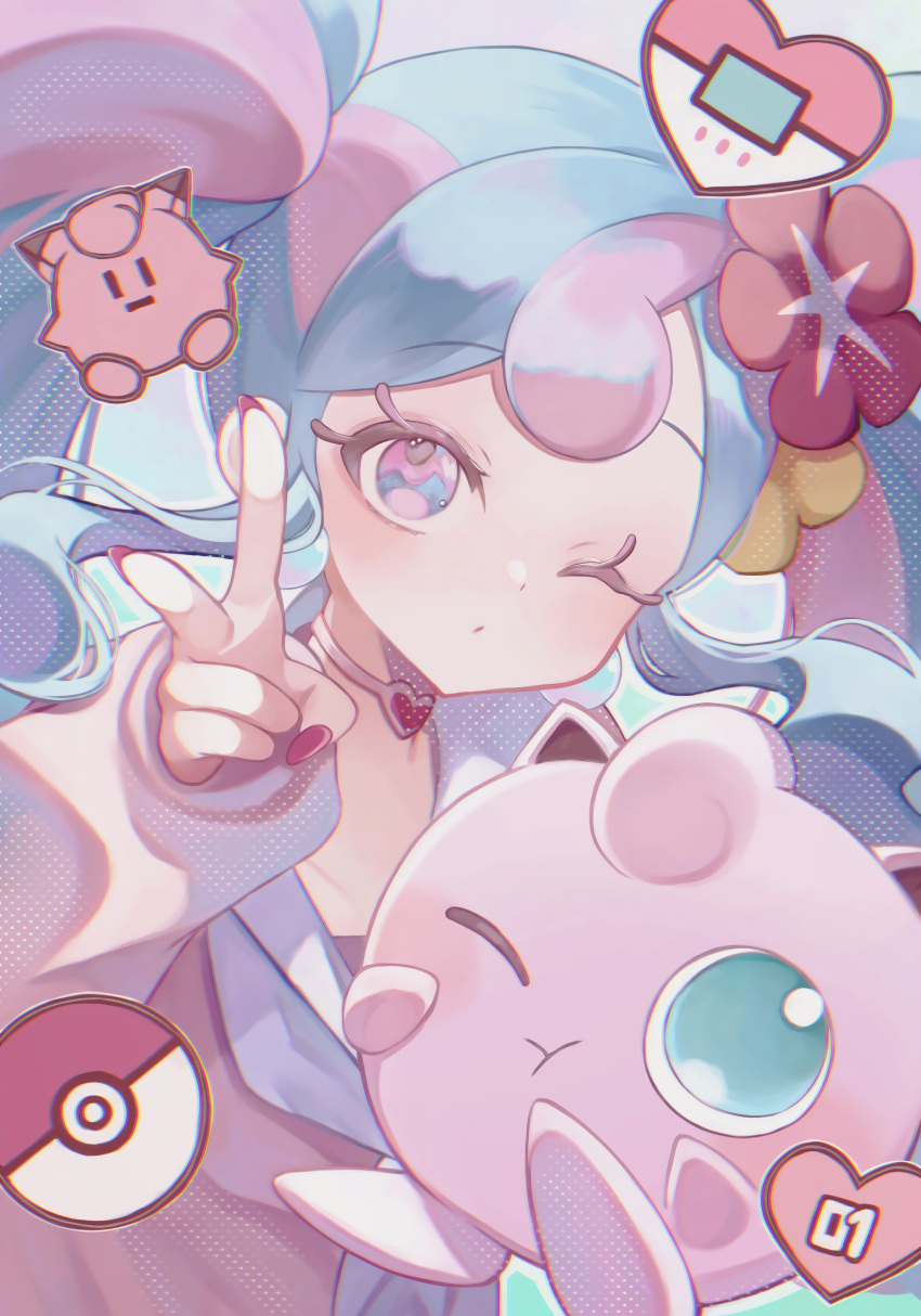 1girl absurdres blue_eyes blue_hair blush cardigan chromatic_aberration clefairy collarbone fairy_miku_(project_voltage) fingernails flower hair_flower hair_ornament hatsune_miku heart highres jigglypuff light_blue_hair long_hair long_sleeves looking_at_viewer multicolored_eyes multicolored_hair pink_cardigan pink_eyes pink_hair pink_nails poke_ball poke_ball_(basic) pokemon pokewalker project_voltage simple_background srnps two-tone_eyes two-tone_hair v vocaloid