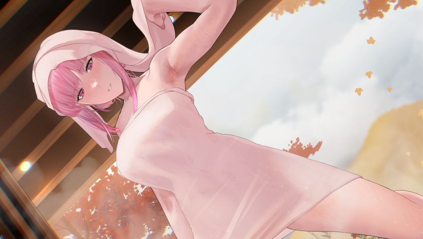 1girl absurdres armpits autumn bare_shoulders blush breasts collarbone dutch_angle from_below highres hololive hololive_english kirachamo large_breasts long_hair looking_at_viewer mori_calliope naked_towel onsen paid_reward_available parted_lips pink_eyes pink_hair sidelocks sky towel towel_on_head virtual_youtuber