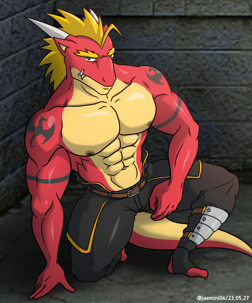 abs absurd_res alkan anthro arm_tattoo big_pecs blonde_eyebrows blonde_hair bottomwear clothed clothing delga dragon eyebrows green_eyes hair hi_res horn male mugen multicolored_body muscular muscular_anthro muscular_male navel nipples pants pants_only pecs red_body sitting sitting_on_ground solo tattoo topless topless_anthro topless_male two_tone_body yellow_body