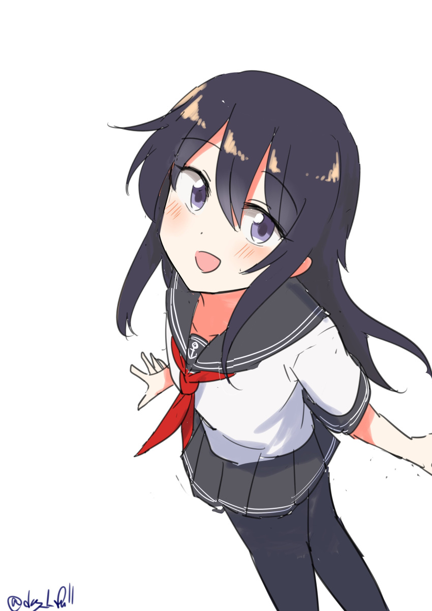 1girl absurdres akatsuki_(kancolle) alternate_sleeve_length black_hair black_pantyhose black_sailor_collar black_skirt feet_out_of_frame from_above grey_eyes highres kantai_collection long_hair neckerchief one-hour_drawing_challenge pantyhose pleated_skirt red_neckerchief robinson_(day_l_full) sailor_collar school_uniform serafuku short_sleeves simple_background skirt solo white_background