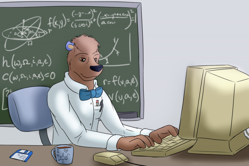 ambiguous_gender anthro beverage blue_body blue_bowtie blue_fur bow_tie brown_body brown_eyes brown_fur clothing coffee computer computer_mouse crt_monitor dress_shirt equations floppy_disk fur mathematics merakburr pen pocket_protector shirt smile solo topwear typing white_clothing white_shirt white_topwear