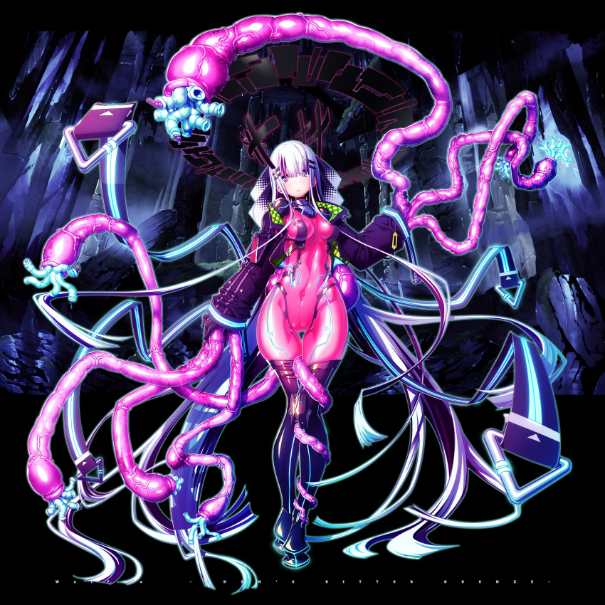 1girl absurdres blunt_bangs bodysuit eden's_ritter_grenze full_body hair_ornament hairclip highres jacket long_hair long_sleeves multicolored_hair official_art ritter_belphegor sakuya_tsuitachi skin_tight sleeves_past_wrists striped_hair symbol-shaped_pupils tentacles tentacles_under_clothes thighhighs very_long_hair white_hair