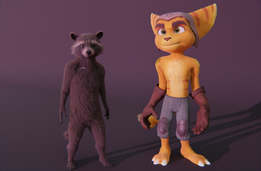 2023 3d_(artwork) anthro barefoot bottomwear brown_body brown_fur clothed clothing digital_media_(artwork) duo eyebrows featureless_crotch feet fur gloves green_eyes guardians_of_the_galaxy handwear headgear headwear hi_res lombax looking_at_viewer male mammal marvel nude pants procyonid raccoon ralic_turman ratchet ratchet_and_clank rocket_raccoon sony_corporation sony_interactive_entertainment standing striped_body striped_fur stripes topless yellow_body yellow_fur