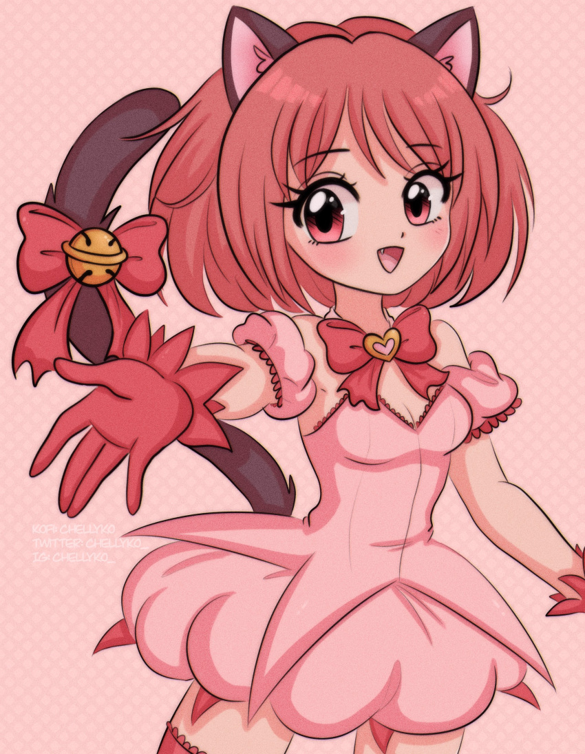 1990s_(style) 1girl absurdres animal_ears bell blush bow bowtie breasts bridal_garter cat_ears cat_girl cat_tail chelly_(chellyko) detached_sleeves dress fang gloves heart highres looking_at_viewer mew_ichigo momomiya_ichigo open_mouth outstretched_arm pink_background pink_dress red_bow red_bowtie red_eyes red_gloves red_hair retro_artstyle ribbon short_hair short_sleeves simple_background small_breasts smile solo standing strapless strapless_dress tail tail_bell tail_ornament tail_ribbon tokyo_mew_mew