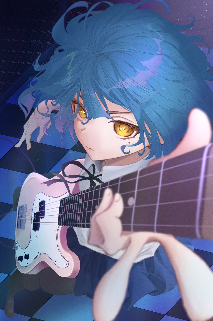 1girl absurdres bass_guitar blue_hair bocchi_the_rock! fender_precision_bass highres instrument jam_(jaaaaaaaamjam) looking_at_viewer mole mole_under_eye school_uniform shimokitazawa_high_school_uniform short_hair yamada_ryou yellow_eyes