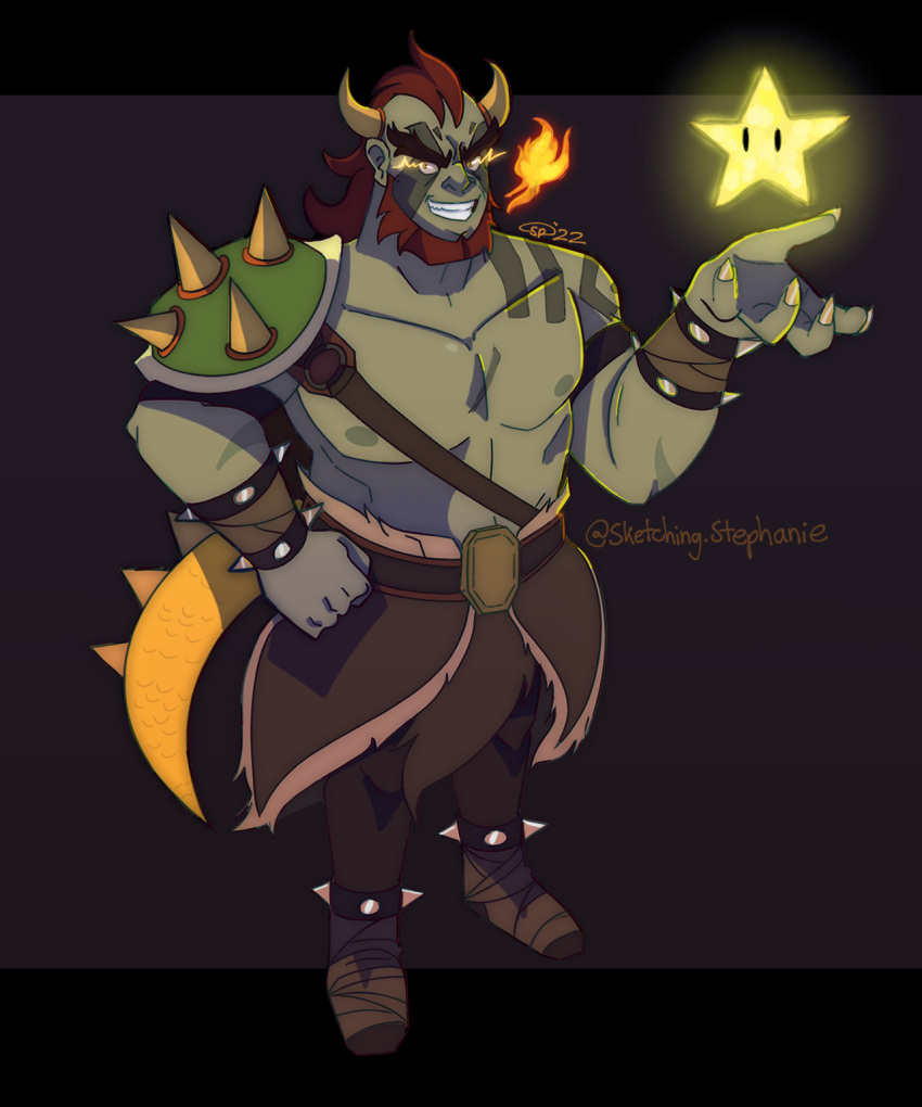 1boy abs alternate_facial_hair bara bare_pectorals beard blue_skin bowser bowser_(cosplay) chest_harness colored_skin cosplay critical_role dragon_boy dragon_horns dragon_tail facial_hair fingernails flaming_eyes forked_eyebrows full_body grin grog_strongjaw hand_up harness head_tattoo highres horns large_pectorals looking_at_viewer male_focus mario_(series) mature_male mohawk muscular muscular_male nipples pectorals sharp_fingernails shoulder_tattoo sketching-stephanie smile solo standing stomach tail tattoo the_legend_of_vox_machina thick_eyebrows