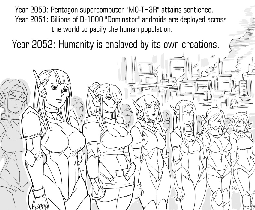 android baalbuddy bangs big_breasts bottomwear breasts building city cleavage clothed clothing comic curled_hair english_text eyes_closed eyewear female fire glasses gloves greyscale group hair hair_over_eye handwear hi_res humanoid legwear long_hair machine midriff monochrome narration navel not_furry one_eye_obstructed open_mouth ponytail robot round_glasses satellite_dish short_hair skirt skyscraper smoke standing text thigh_highs wide_hips