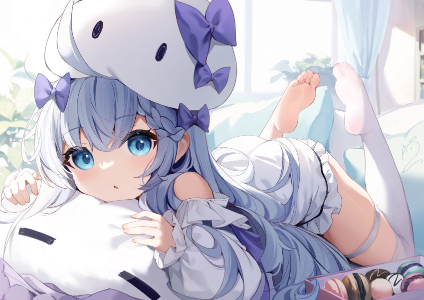 1girl ahoge ass barefoot benghuai_xueyuan blue_bow blue_eyes blue_hair blush bow braid butt_crack character_request feet food frilled_sleeves frills hair_bow highres honkai_(series) legs long_hair looking_at_viewer lying macaron nahaki no_shoes on_stomach parted_lips revision single_thighhigh soles solo the_pose thigh_strap thighhighs toes very_long_hair white_thighhighs