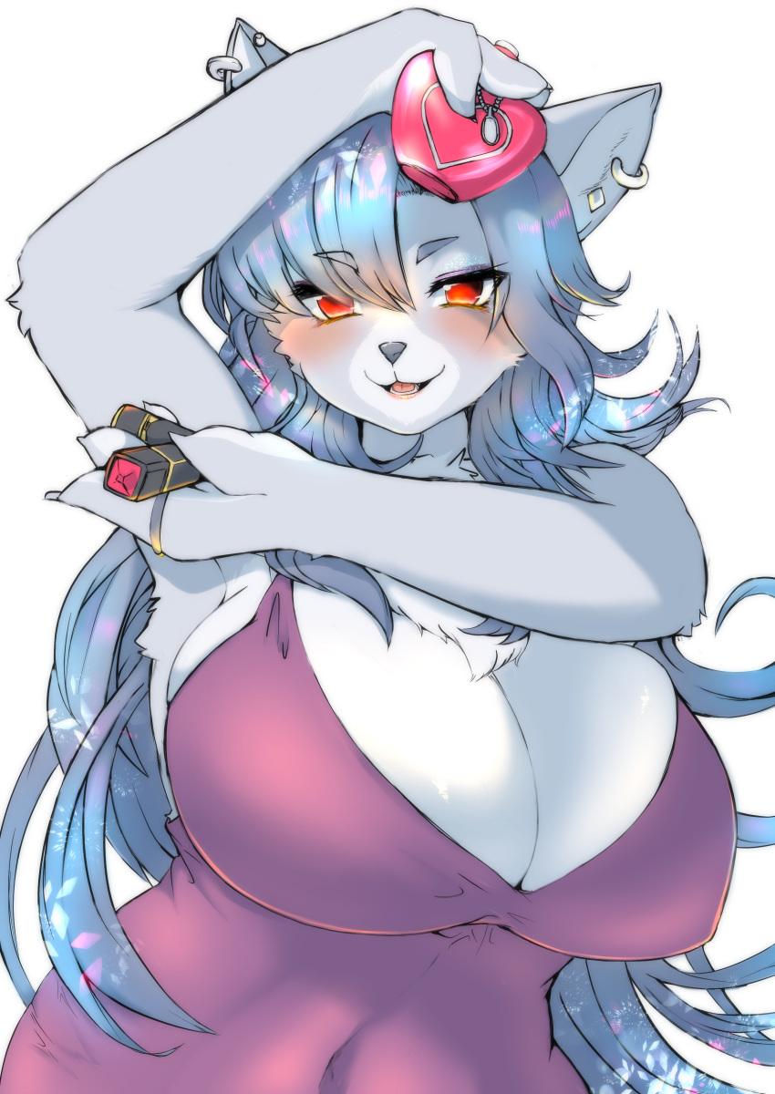 &lt;3 2022 :3 absurd_res anthro big_breasts biped blue_hair blush bottle breasts canid canine canis cheek_tuft chest_tuft claws cleavage clothed clothing colored container countershade_fur countershade_hands countershade_torso countershading digit_ring digital_media_(artwork) dress ear_piercing ear_ring ear_stud eyelashes facial_markings facial_tuft female female_anthro finger_claws fluffy front_view fully_clothed fur glistening glistening_eyes glistening_hair grey_body grey_ears grey_fur grey_hair grey_nose hair half-length_portrait handpaw head_markings heart_bottle hi_res holding_lipstick holding_object huge_breasts jewelry kemono lipstick lipstick_(object) long_hair looking_at_viewer makeup mammal markings mature_anthro mature_female monotone_ears monotone_hair multicolored_body multicolored_fur muzzle_(marking) navel_outline open_:3 open_mouth open_smile paws piercing pink_clothing pink_dress pink_tongue plunging_neckline portrait pose raised_arm red_eyes ring ring_piercing shaded shikibetsuko smile snout snout_markings solo standing tongue tuft two_tone_body two_tone_fur white_body white_claws white_countershading white_fur white_inner_ear wolf