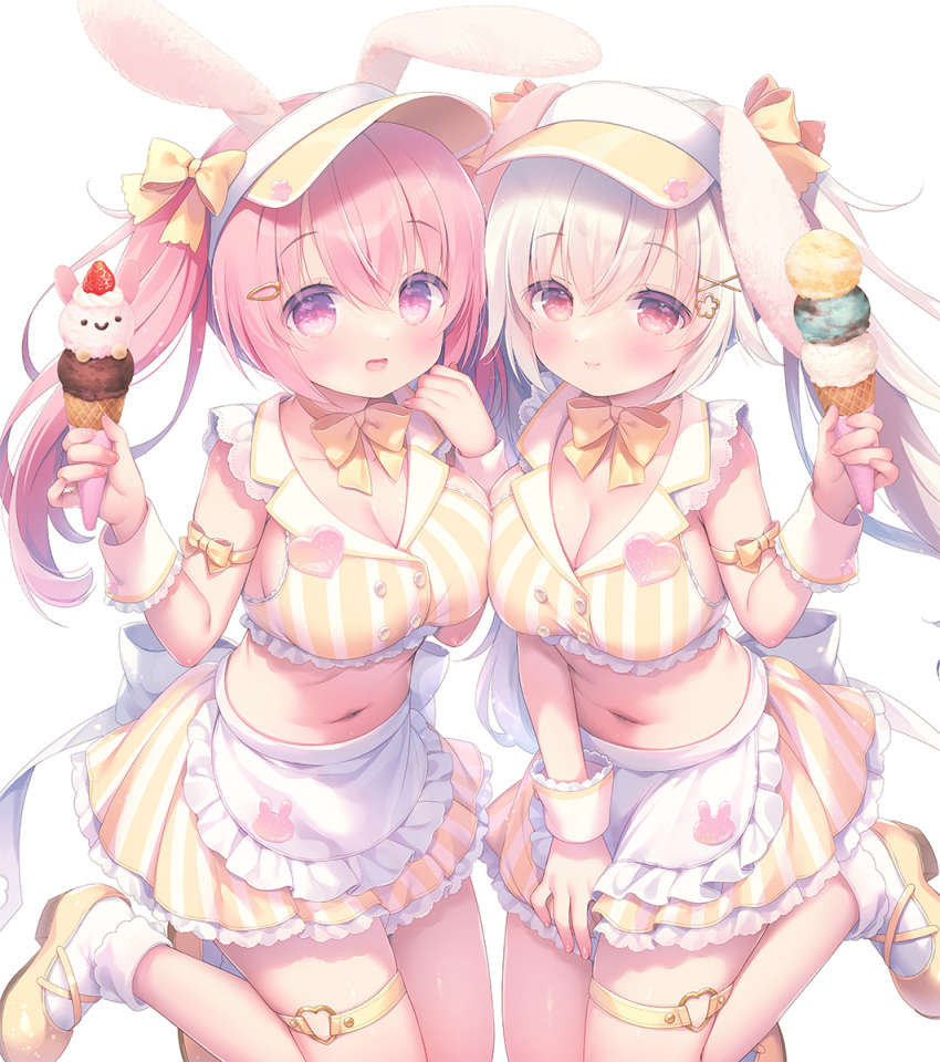 2girls :d animal_ears apron bobby_socks bow breasts cleavage closed_mouth collarbone commentary_request crop_top double_scoop food frilled_skirt frills fruit grey_hair hair_between_eyes hair_bow hair_ornament hairclip hand_up hands_up highres holding holding_food ice_cream ice_cream_cone large_breasts long_hair midriff multiple_girls navel original pink_hair pleated_skirt purple_eyes rabbit_ears sakura_(usashiro_mani) shoes simple_background skirt smile socks standing standing_on_one_leg strawberry striped striped_skirt triple_scoop twintails usashiro_mani vertical-striped_skirt vertical_stripes very_long_hair visor_cap waist_apron white_apron white_background white_socks wrist_cuffs x_hair_ornament yellow_bow yellow_footwear yellow_headwear yellow_skirt