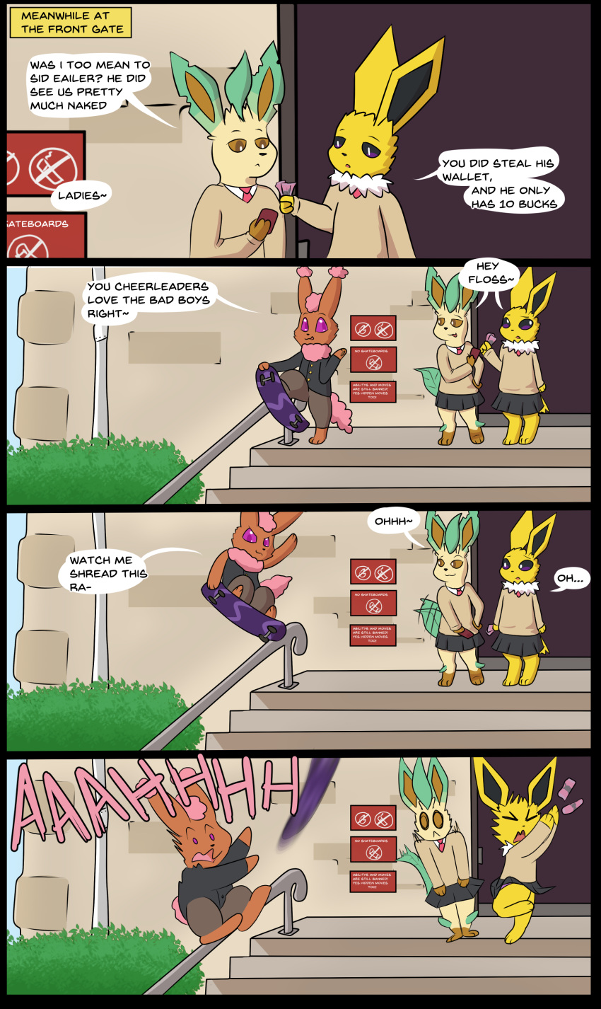 2023 4_panel_comic abby_(matachu) absurd_res black_bottomwear black_clothing black_skirt bottomwear brown_body brown_fur clothing comic dialogue digital_drawing_(artwork) digital_media_(artwork) eeveelution english_text fakemon female flat_colors fur generation_1_pokemon generation_4_pokemon group hi_res jolteon leafeon male matachu money nintendo one_leg_up outside panties pokemon pokemon_(species) purple_clothing purple_panties purple_underwear raised_leg samantha_(matachu) screaming shocked skateboard skateboarding skirt speech_bubble tan_body tan_fur text trio underwear wallet yellow_body yellow_fur