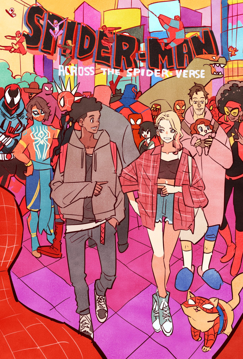 blonde_hair bodysuit casual cat copyright_name crop_top dark-skinned_male dark_skin denim denim_shorts gwen_stacy highres hood hoodie jacket marvel mask mayday_parker miles_morales peni_parker peter_b_parker road scarlet_spider shorts spider-man:_across_the_spider-verse spider-man_(2099) spider-man_(series) spider-man_india spider-punk spider-woman street takeuchi_ryousuke