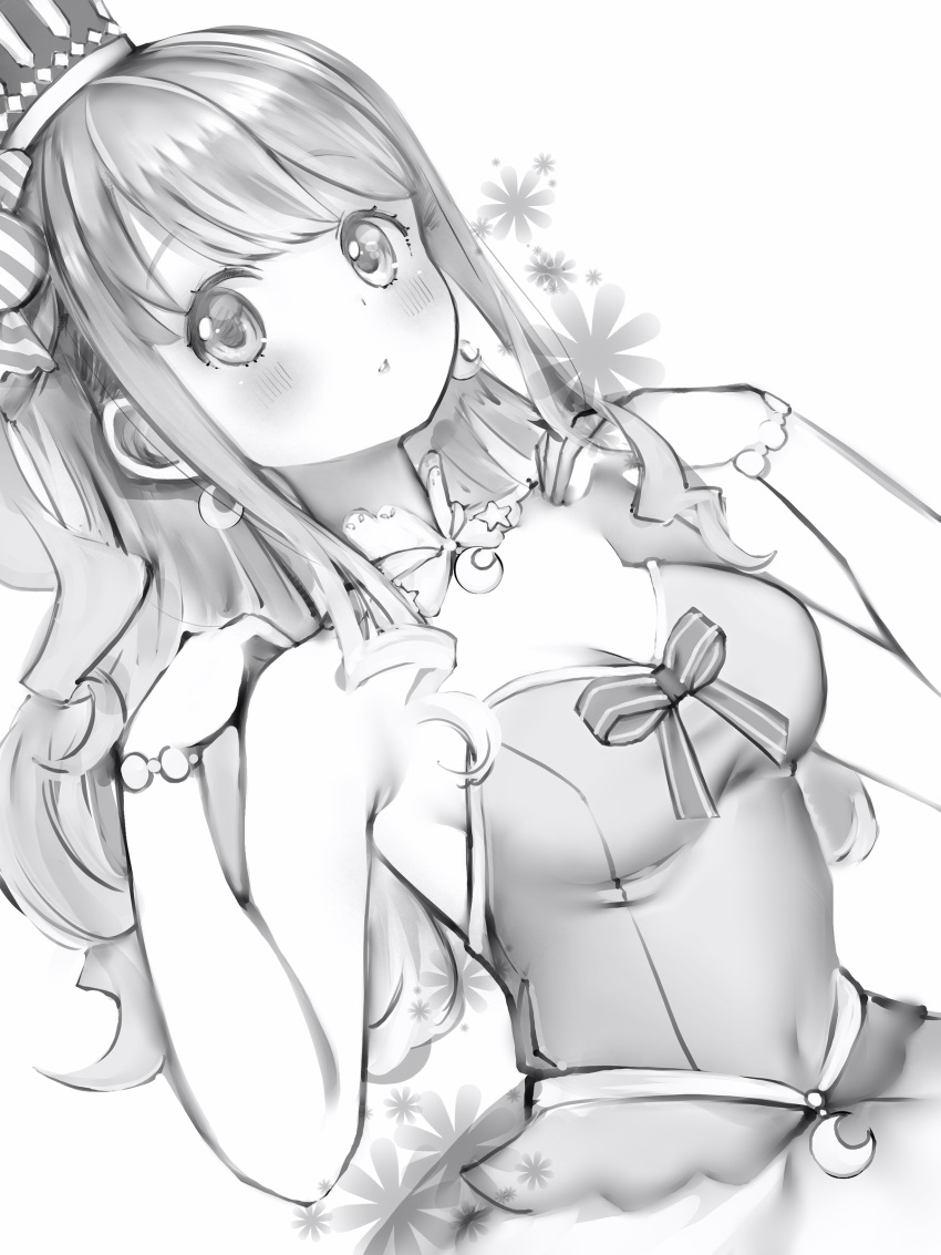 1girl absurdres bare_shoulders blush bow bracelet breasts candy_hair_ornament cleavage covered_navel crescent crescent_earrings crescent_necklace crown curly_hair detached_collar dress earrings food-themed_hair_ornament greyscale hair_ornament highres himemori_luna himemori_luna_(1st_costume) hololive jewelry large_breasts lips long_hair looking_at_viewer monochrome nanashi_(nlo) necklace off-shoulder_dress off_shoulder one_side_up parted_lips simple_background sleeveless sleeveless_dress solo strapless strapless_dress striped striped_bow swept_bangs virtual_youtuber