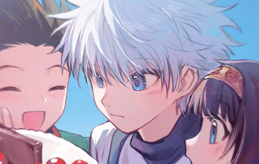 3boys alluka_zoldyck black_hair blue_eyes blush cake closed_eyes closed_mouth english_commentary food gon_freecss hair_between_eyes hairband highres hunter_x_hunter kiko killua_zoldyck male_focus multiple_boys open_mouth otoko_no_ko spiked_hair upper_body white_hair