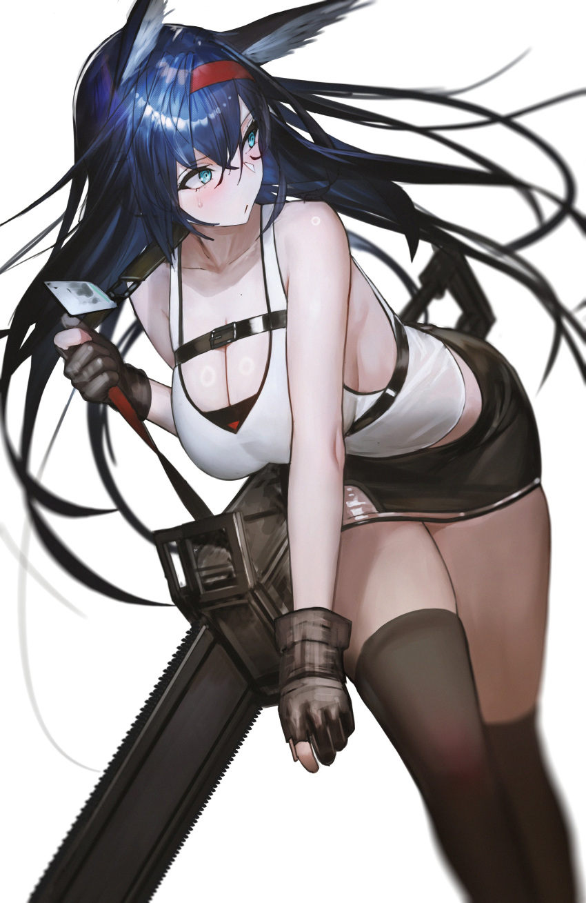 1girl absurdres animal_ears arknights bare_shoulders black_skirt black_thighhighs blaze_(arknights) blue_eyes blue_hair blurry blush breasts brown_gloves card cat_ears cat_girl chainsaw chest_strap cleavage depth_of_field fingerless_gloves ganet_p gloves hairband highres large_breasts leaning_forward long_hair looking_to_the_side messy_hair pencil_skirt playing_card red_hairband shiny_skin shirt skirt solo sweat sweatdrop tank_top thighhighs white_background white_shirt
