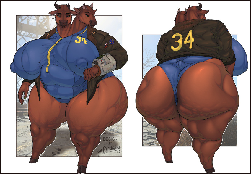 2023 2_heads 5_fingers absurd_res anthro big_breasts big_butt biped blue_clothing bovid bovine brahmin_(fallout) breasts butt cattle cellulite clothed clothing dizzyknight eyebrows female fingers green_eyes hi_res hooves horn huge_breasts huge_butt mammal multi_head overweight overweight_anthro overweight_female rear_view solo thick_thighs