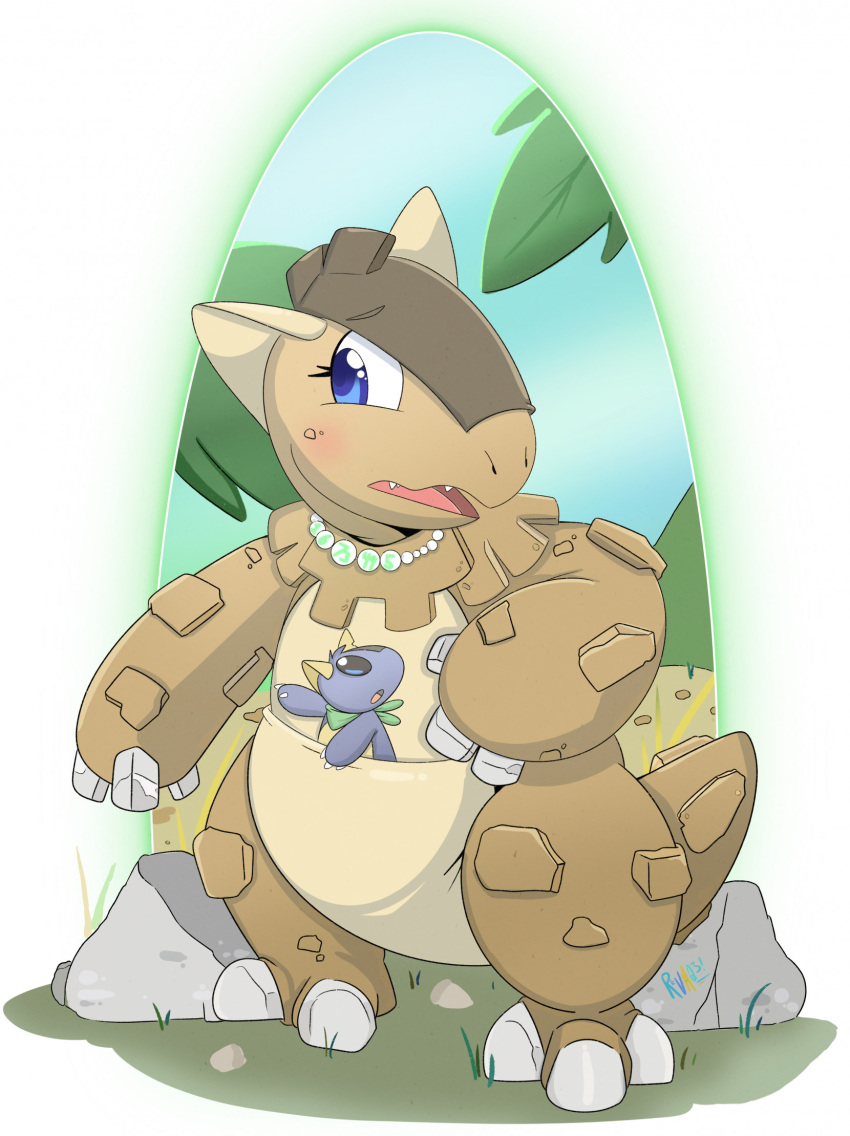 after_transformation ambiguous_gender bandanna_on_neck blue_eyes blush brown_body brown_scales claws duo female feral forest gem generation_1_pokemon hi_res infinity_train jewelry kangaskhan necklace nintendo nude number number_on_clothing open_mouth pearl_(gem) pearl_necklace plant pokemon pokemon_(species) pokemon_mystery_dungeon portal pouch_(anatomy) reva_the_scarf rock scales simple_background tan_body tan_scales tree white_background