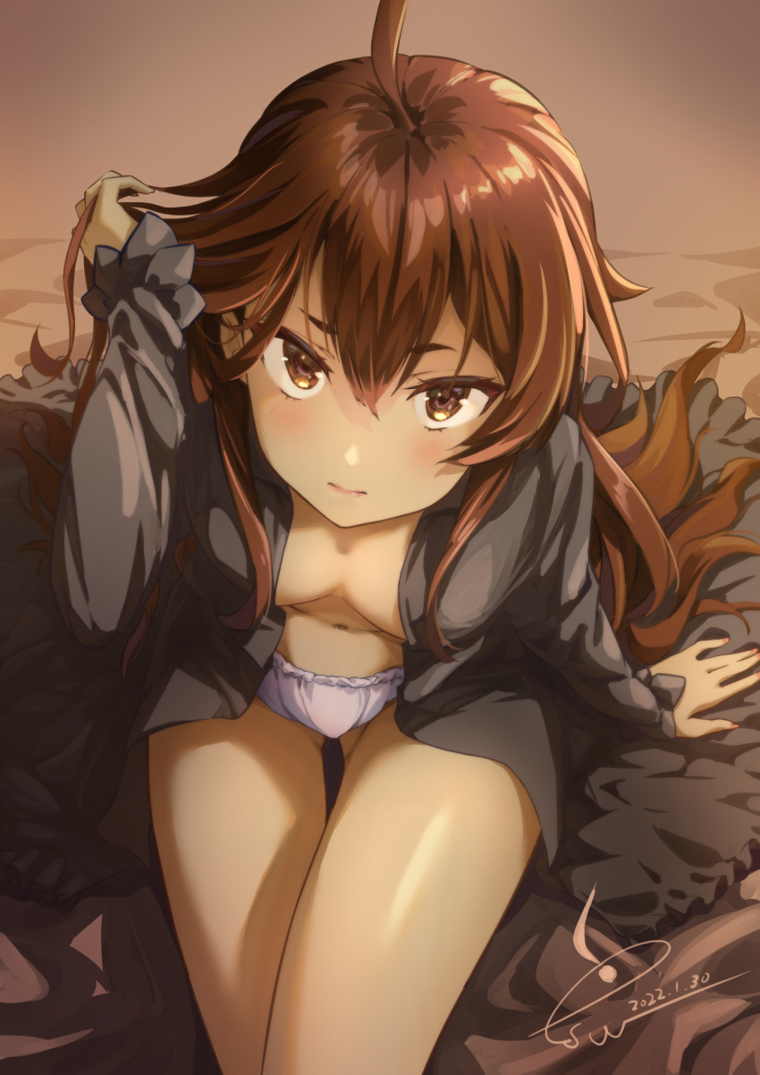 1girl adjusting_hair ahoge arm_up ass_visible_through_thighs black_shirt blush breasts brown_eyes brown_hair closed_mouth eris_greyrat highres long_hair long_shirt long_sleeves looking_at_viewer looking_up mushoku_tensei navel no_bra open_clothes open_shirt panties raiz_art_works shirt signature sitting small_breasts solo thighs unbuttoned unbuttoned_shirt underwear white_panties