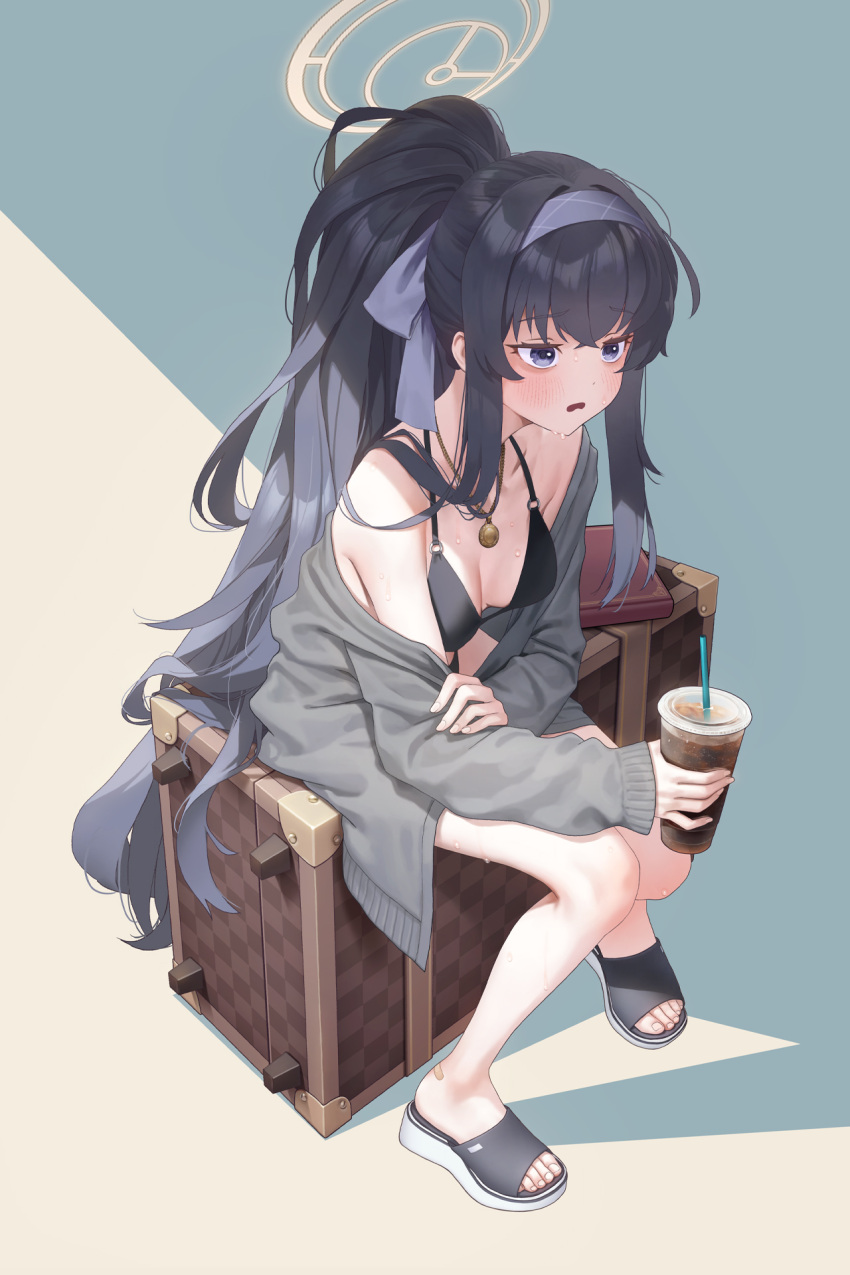 1girl bags_under_eyes bandaid bandaid_on_foot bare_legs bare_shoulders barefoot bikini black_bikini black_hair blue_archive blush book breasts cardigan commentary_request cup disposable_cup drink drinking_straw grey_cardigan grey_jacket hairband halo highres holding holding_cup holding_drink jacket jewelry long_hair necklace o-ring o-ring_bikini o-ring_bottom o-ring_top official_alternate_costume open_cardigan open_clothes open_mouth ponytail purple_eyes purple_hairband sandals shtauffen simple_background sitting small_breasts solo suitcase sweat swimsuit ui_(blue_archive) ui_(swimsuit)_(blue_archive) very_long_hair yellow_halo