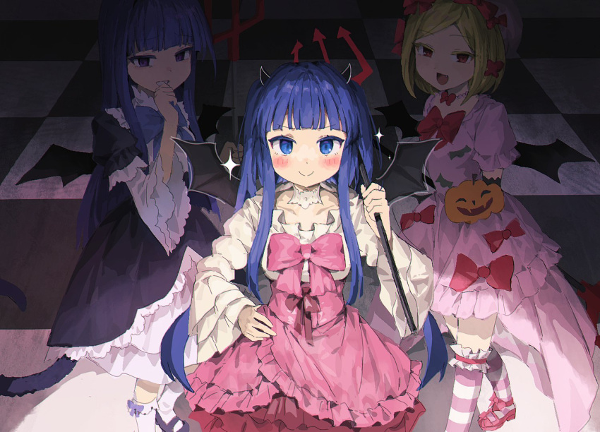 3girls beret black_dress black_footwear black_gloves black_tail blonde_hair blue_bow blue_eyes blue_hair blunt_bangs blush bow cat_tail checkered_floor dress dress_bow elbow_gloves fang frederica_bernkastel frilled_dress frilled_sleeves frills furudo_erika ghkdakrh1129 gloves grin hair_bow hand_on_own_hip hat hat_bow hime_cut holding jack-o'-lantern jewelry kneehighs lambdadelta layered_dress long_hair looking_at_viewer mary_janes multiple_girls necklace open_mouth pearl_necklace pink_bow pink_dress pink_footwear pink_headwear puffy_short_sleeves puffy_sleeves purple_eyes purple_hair red_bow red_eyes shoes short_hair short_sleeves sidelocks smile socks sparkle striped striped_socks tail twintails umineko_no_naku_koro_ni wide_sleeves