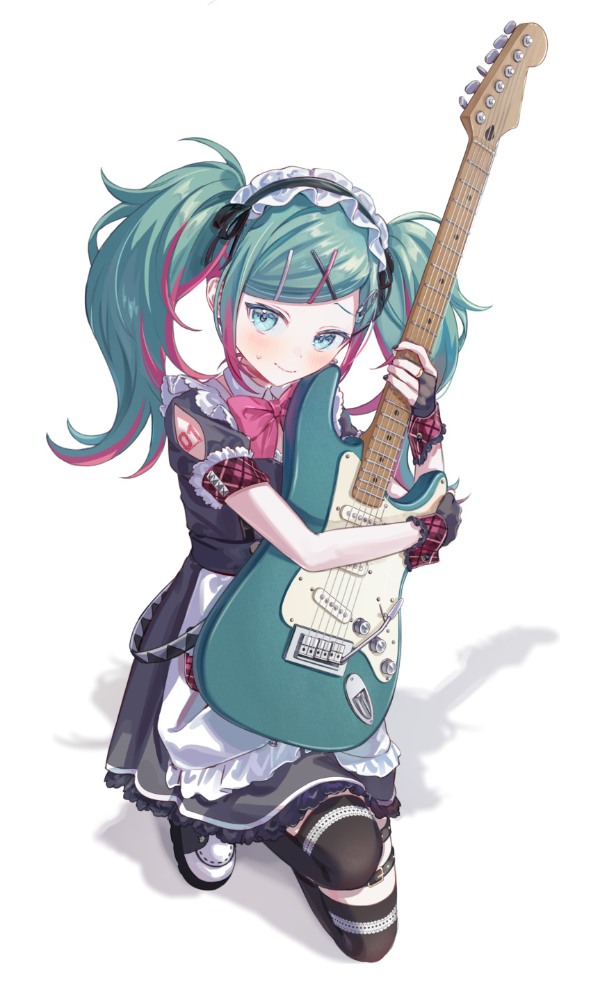 1girl absurdres alternate_costume apron arm_tattoo blue_eyes blush bow bowtie enmaided fingerless_gloves full_body gloves green_hair hatsune_miku highres holding_guitar kneeling leo/need_miku long_hair looking_to_the_side maid maid_apron maid_headdress multiple_hairpins nail_polish pink_bow pink_bowtie pink_hair pink_ribbon project_sekai ribbon shy smile striped striped_thighhighs sweat tattoo thighhighs twintails vocaloid vs0mr white_background