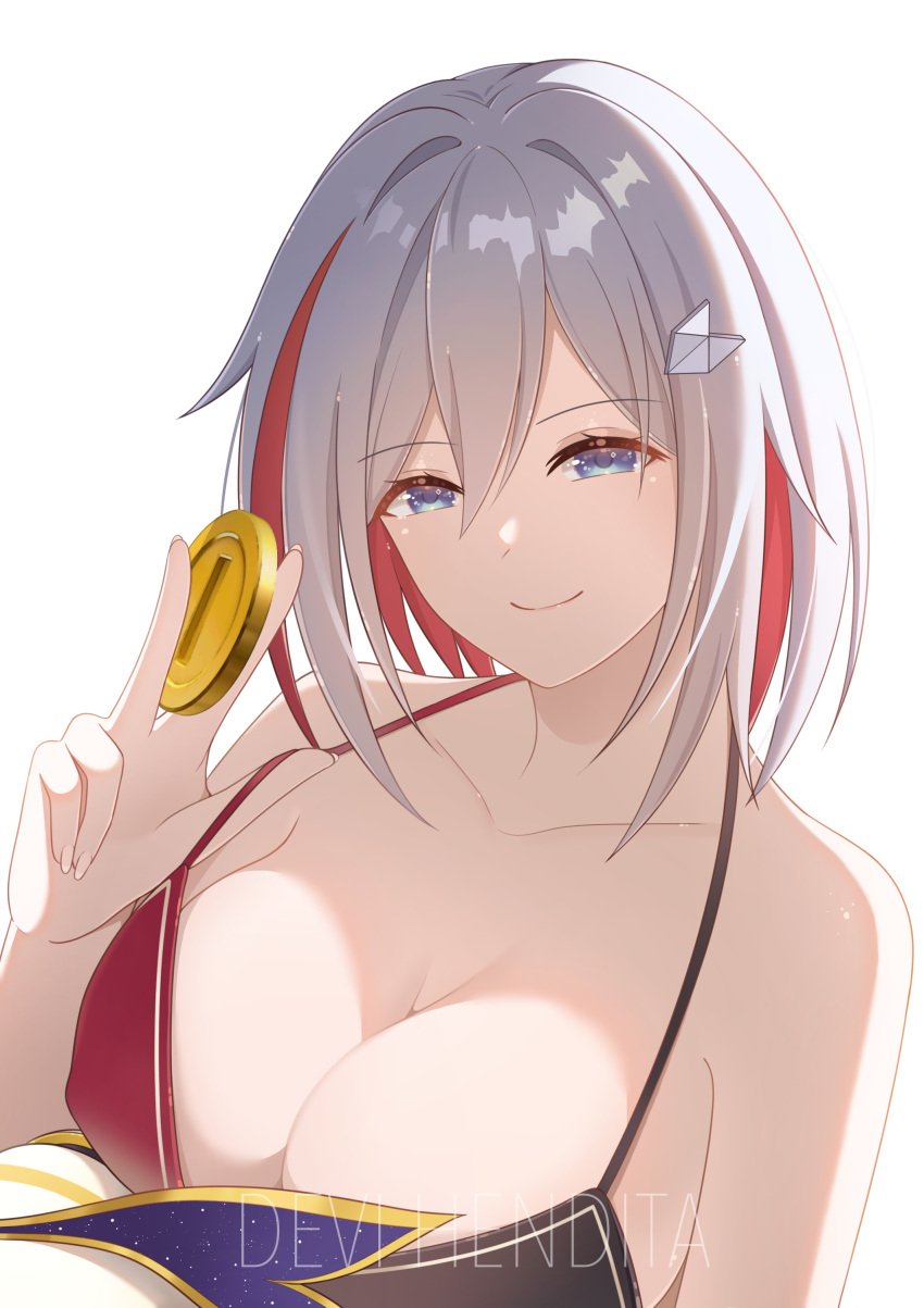 1girl absurdres bare_shoulders bikini black_bikini blue_eyes breasts cleavage coin collarbone commentary_request devihendita grey_hair highres holding holding_coin honkai:_star_rail honkai_(series) large_breasts looking_at_viewer mario_(series) numby_(honkai:_star_rail) red_bikini short_hair simple_background smile solo swimsuit topaz_(honkai:_star_rail) two-tone_bikini upper_body warp_trotter_(honkai:_star_rail) white_background