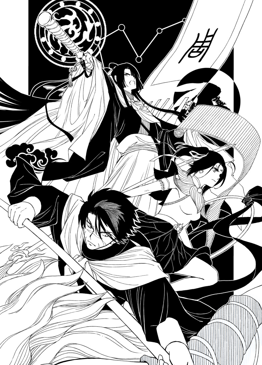 1girl 2boys armlet bamboo_scroll black_background blunt_bangs cape chinese_clothes closed_mouth constellation creature earrings facial_mark fate/grand_order fate_(series) feet_out_of_frame forehead_mark greyscale hair_between_eyes hair_bun hair_ribbon half_updo highres holding holding_polearm holding_scroll holding_wand holding_weapon hoop huang_feihu_(fate) jewelry long_hair looking_at_viewer miyuyoko monochrome multiple_boys nezha_(fate) open_mouth outside_border parted_bangs pillarboxed polearm rabbit ribbon riding robe sash scar scar_on_face scar_on_nose scroll serious shirt short_hair single_hair_bun skirt sleeveless sleeveless_shirt tai_gong_wang_(fate) tassel twintails v-shaped_eyebrows wand weapon wide_sleeves