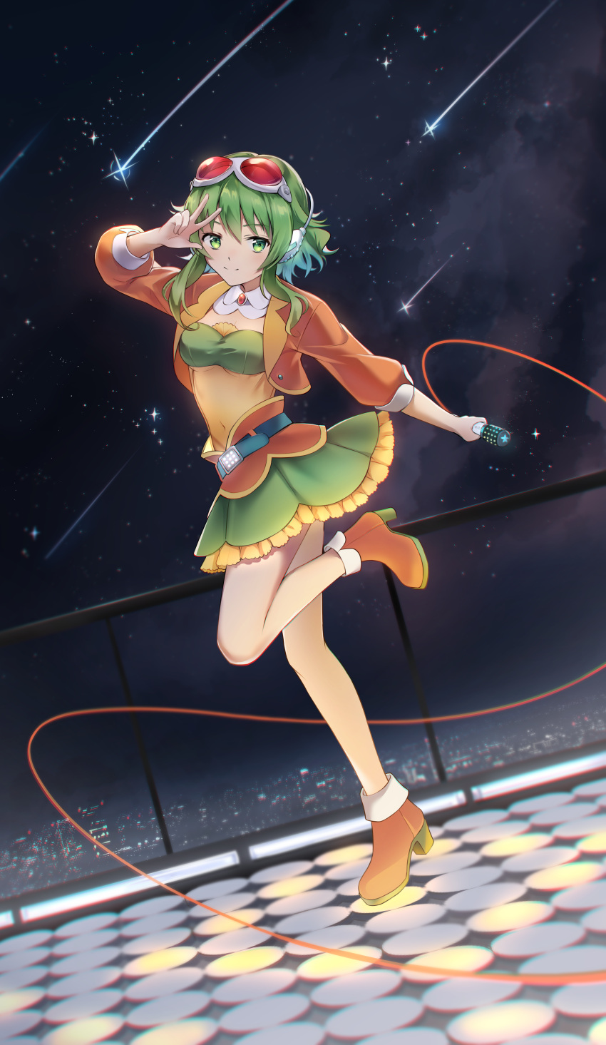 1girl absurdres belt cable cityscape cloud collar covered_navel dutch_angle eyewear_on_head frilled_skirt frills glowing glowing_floor green_eyes green_hair green_skirt green_tube_top gumi gumi_(ai_megpoid) hand_up headphones high_heels highres holding holding_microphone iluka_(ffv7) jacket layered_skirt leg_up looking_at_viewer microphone miniskirt night night_sky orange_footwear orange_jacket outdoors outstretched_arm pleated_skirt red_goggles shirt shooting_star skirt sky smile solo standing standing_on_one_leg star_(sky) strapless tube_top vocaloid w w_over_eye white_collar yellow_shirt