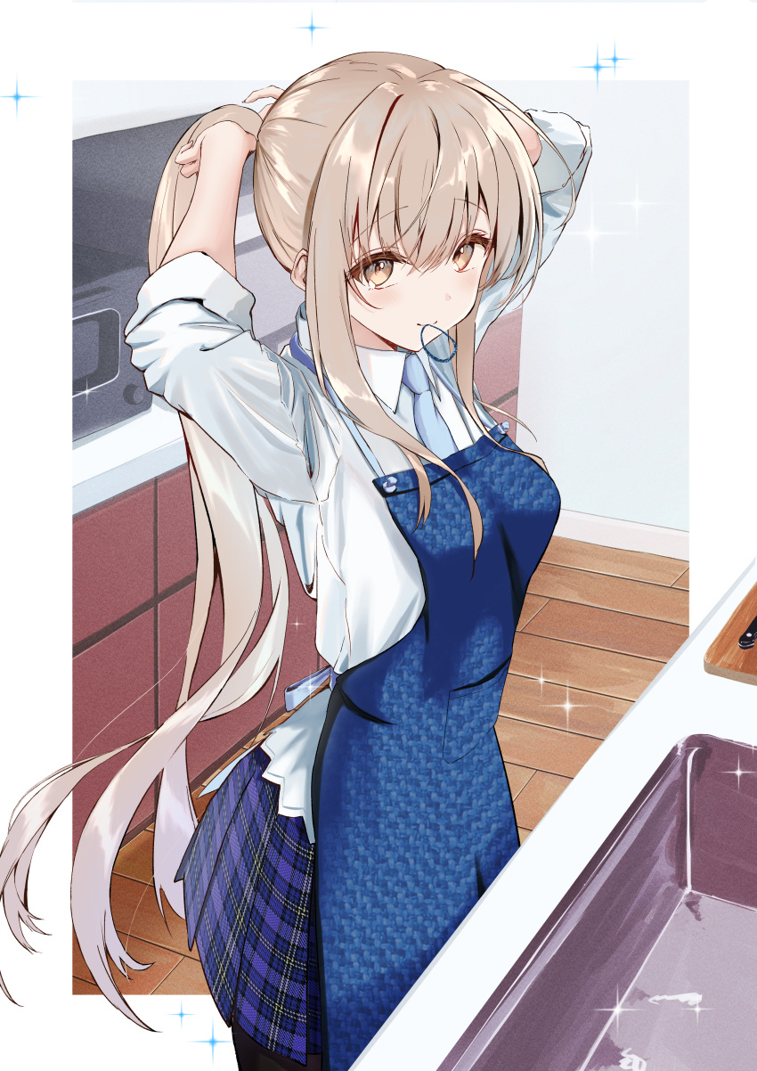 1girl absurdres apron arms_up blue_apron blue_necktie bocchi_(kuropom7) breasts brown_eyes closed_mouth collared_shirt commentary_request highres indoors kitchen light_brown_hair long_hair long_sleeves looking_at_viewer medium_breasts mouth_hold necktie otonari_no_tenshi-sama_ni_itsu_no_mani_ka_dame_ningen_ni_sarete_ita_ken plaid plaid_skirt pleated_skirt ponytail shiina_mahiru_(otonari_no_tenshi-sama) shirt sink skirt sleeves_rolled_up smile solo standing tying_hair white_shirt