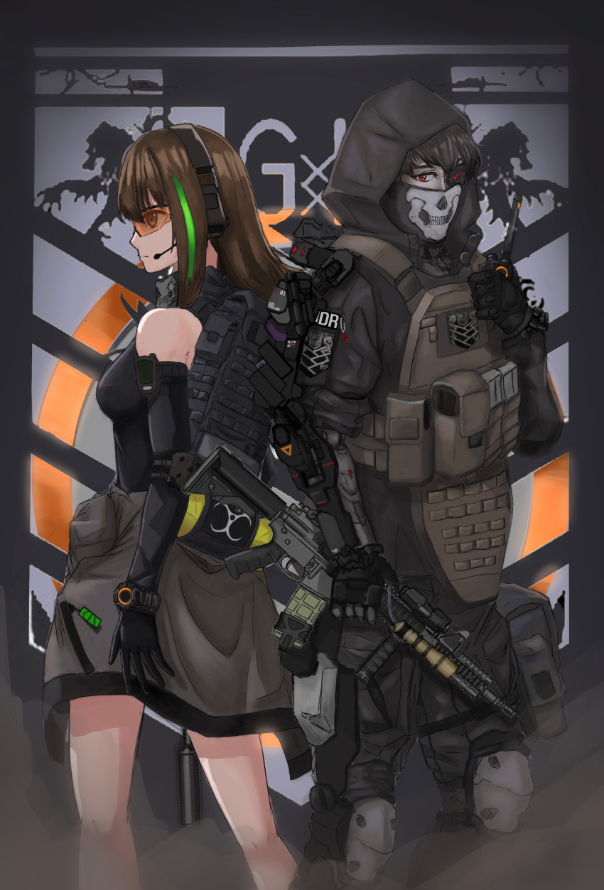 absurdres assault_rifle brown_hair exoskeleton girls'_frontline gun highres holding holding_gun holding_weapon hood m4_carbine m4a1_(girls'_frontline) mask red_eyes rifle skull_mask tactical_clothes tom_clancy's_the_division weapon