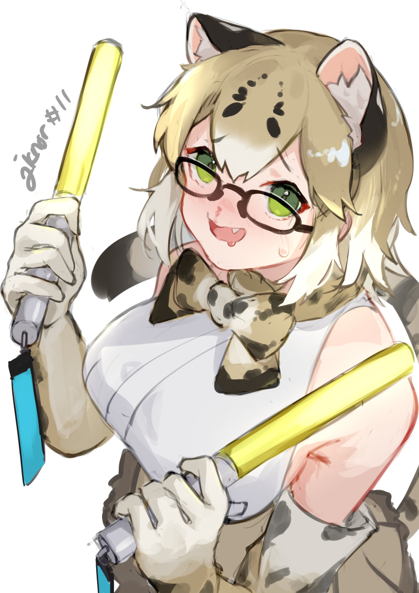 1girl absurdres animal_ears black-framed_eyewear blonde_hair blush bow bowtie brown_hair cat_ears cat_girl cat_tail extra_ears fang frilled_skirt frills glasses glowstick green_eyes high-waist_skirt highres kemono_friends margay_(kemono_friends) margay_print multicolored_hair noor7 open_mouth print_bow print_bowtie print_skirt shirt short_hair skirt sleeveless solo sweatdrop tail white_shirt