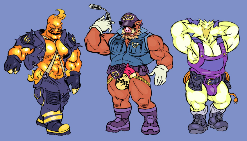 abs anthro biceps brown_body brown_fur bulge clothing electricity electricity_creature elemental_creature fire fire_creature flexing fur group hi_res jockstrap kings_of_hell male mammal muscular muscular_anthro muscular_male pecs suid suina sus_(pig) tderek99 trio underwear wild_boar