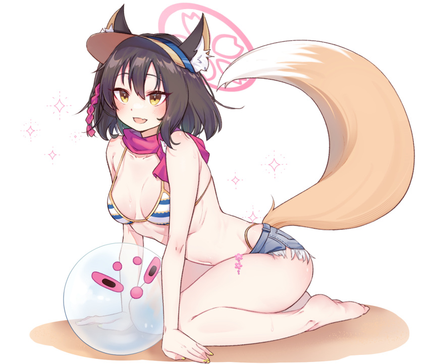 1girl :d animal_ear_fluff animal_ears ass ball barefoot beach beachball bent_over bikini black_hair blue_archive breasts cleavage commentary_request denim denim_shorts eyeshadow fox_ears fox_girl fox_tail hair_between_eyes halo highres izuna_(blue_archive) izuna_(swimsuit)_(blue_archive) looking_at_viewer makeup medium_breasts medium_hair navel ocean official_alternate_costume one_side_up red_eyeshadow red_scarf rope scarf shimenawa short_shorts shorts sidelocks simple_background sitting sleeveless smile soles solo stomach striped striped_bikini swimsuit tail toes visor_cap wariza white_background xiao_jian yellow_eyes