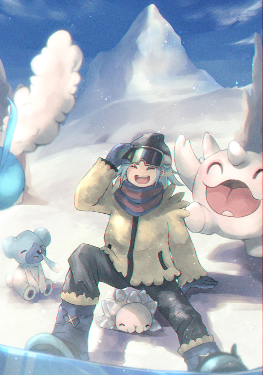 1boy :d absurdres arm_support beanie blue_footwear blue_gloves boots cetoddle closed_eyes cloud commentary_request cubchoo day eyelashes gloves grusha_(pokemon) hat highres jacket male_focus open_mouth outdoors pants pokemon pokemon_(creature) pokemon_(game) pokemon_sv scarf shiruko_(s1ruko) sitting sky smile snom snow striped striped_scarf swablu teeth tongue upper_teeth_only yellow_jacket