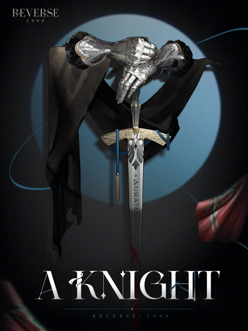 1boy a_knight armor blood blood_on_weapon blue_background character_name circle cloth copyright_name dark_background gauntlets handkerchief hands_on_hilt highres invisible logo long_sword male_focus official_art planted planted_sword reverse:1999 solo spotlight sword two-tone_background weapon