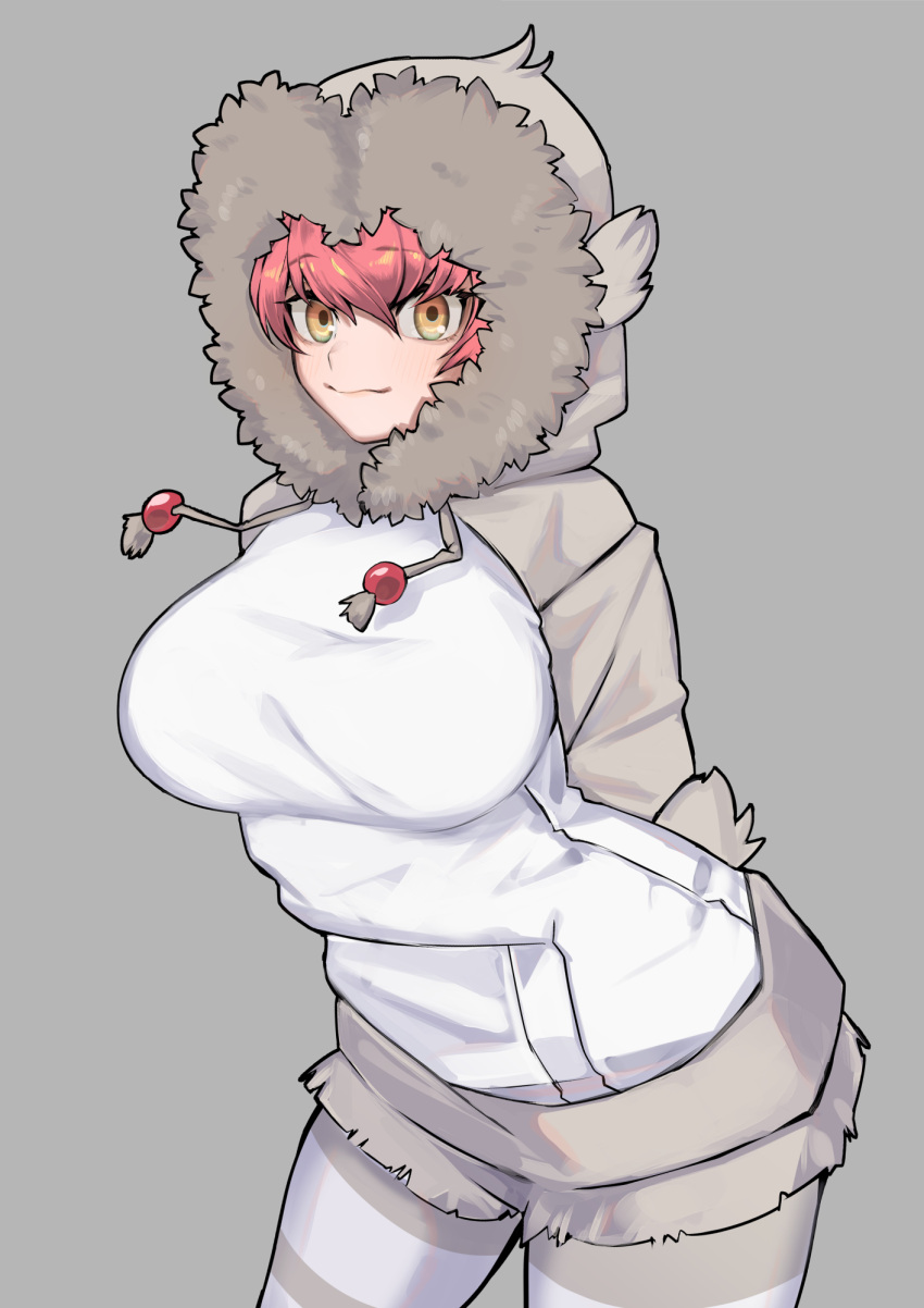 1girl a888_n22 animal_ears arms_behind_back breasts closed_mouth cowboy_shot drawstring fur-trimmed_hood fur_trim grey_background hair_between_eyes highres hood hood_up hoodie japanese_macaque_(kemono_friends) kemono_friends large_breasts leaning_forward long_sleeves looking_at_viewer monkey_ears monkey_girl monkey_tail pantyhose pantyhose_under_shorts pink_hair pocket short_shorts shorts simple_background smile solo striped striped_pantyhose tail taut_clothes yellow_background