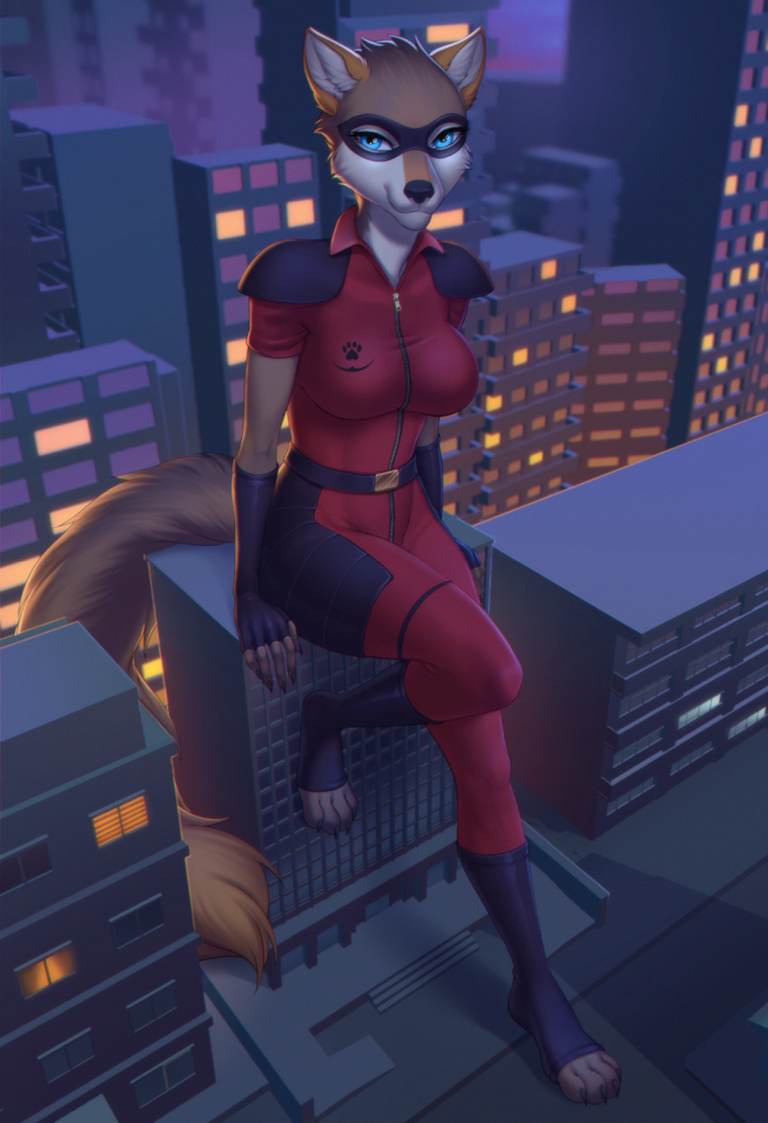 anthro canid canine canis city city_background cityscape female hi_res legend_of_ahya littlemomoko macro mammal mask murana_wolford_(darkflame-wolf) night sitting sitting_on_building solo vigilante wolf