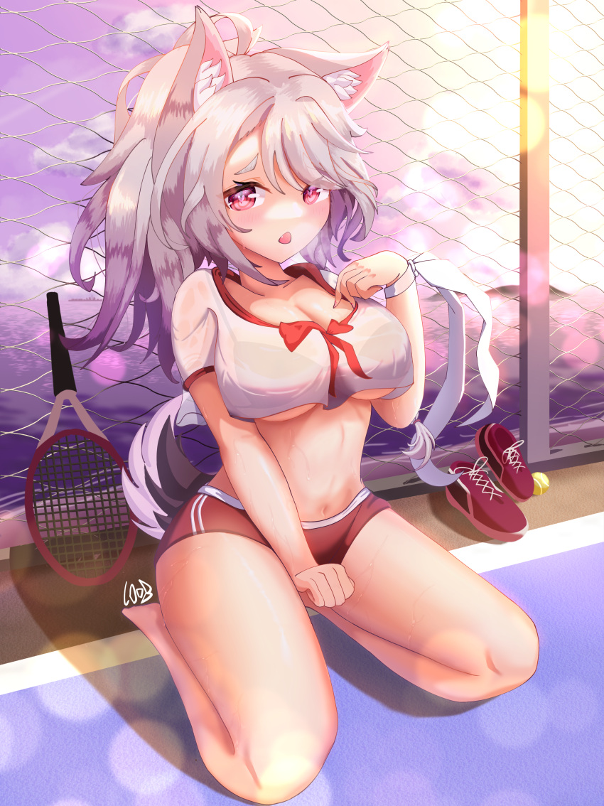 absurdres animal_ear_fluff animal_ears azur_lane breasts chain-link_fence chestnut_mouth cleavage crop_top fang fence heart heart-shaped_pupils highres large_breasts long_hair loob midriff racket red_eyes seiza shoes shorts signature sitting sweat symbol-shaped_pupils tail tennis_court tennis_racket underboob unworn_shoes wolf_ears wolf_girl wolf_tail yuudachi_(azur_lane)