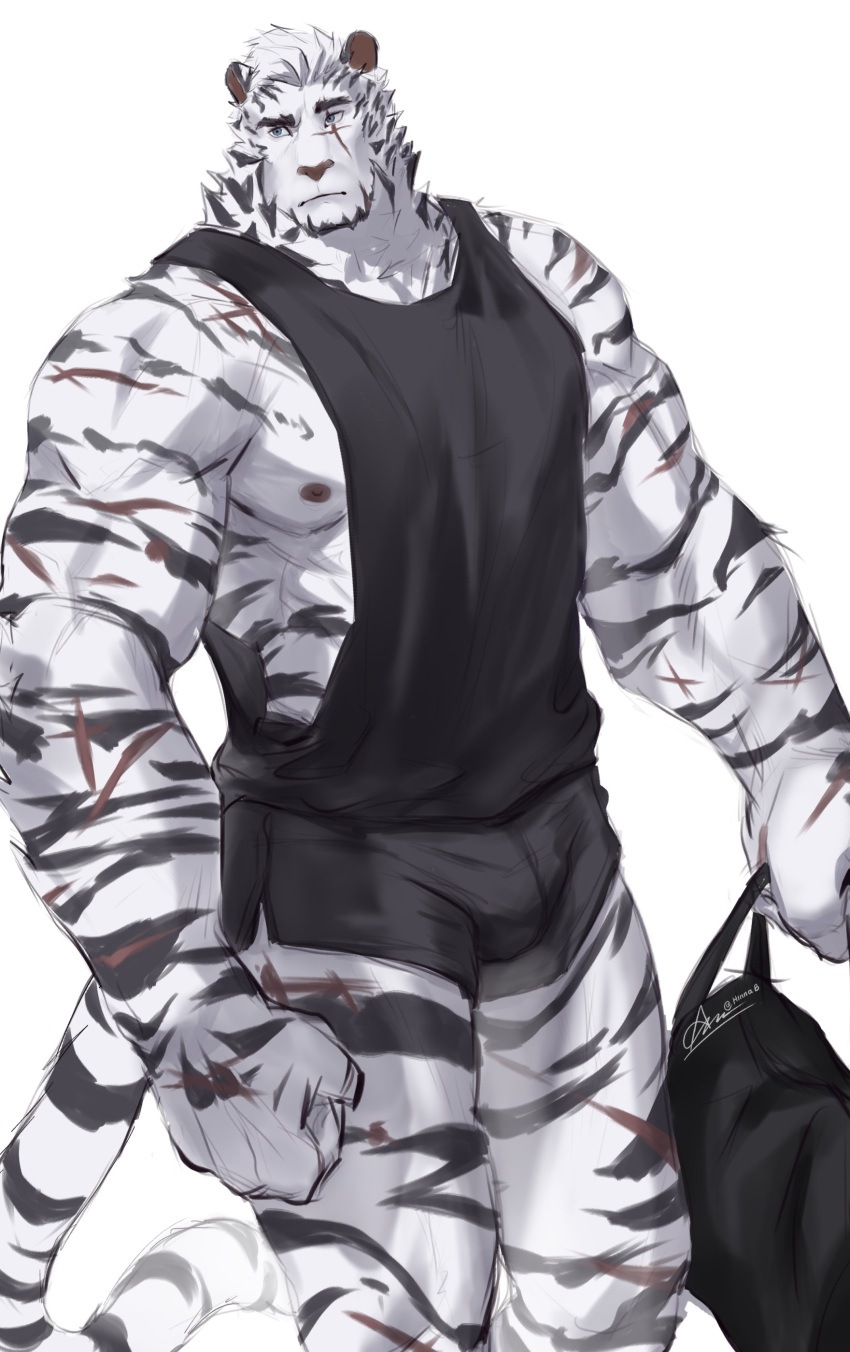 1boy absurdres animal_ears arknights bag bara black_shorts black_tank_top blue_eyes bulge clenched_hands facial_hair feet_out_of_frame furry furry_male goatee highres hinnab_art holding holding_bag large_hands large_pectorals looking_to_the_side male_focus mature_male mountain_(arknights) muscular muscular_male nipples pectorals raised_eyebrow scar scar_across_eye short_hair short_shorts shorts sidepec sketch solo standing stomach tank_top thick_eyebrows thick_thighs thighs tiger_boy tiger_ears white_hair