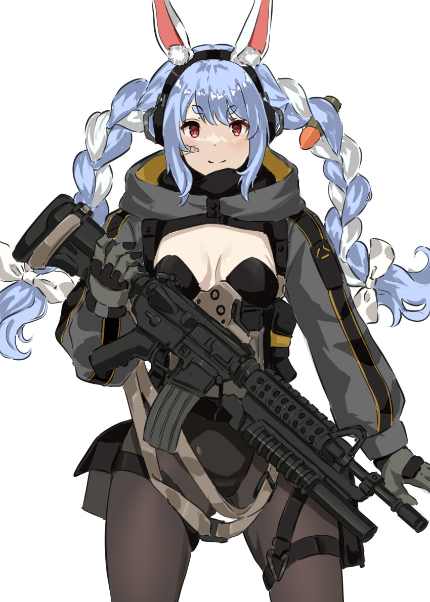 animal_ears assault_rifle black_leggings braid breasts bullet cleavage grenade_launcher gun highres hololive jacket leggings leotard light_smile m203 m4_carbine medium_breasts military military_jacket mutugorou_u open_clothes open_jacket pantyhose rabbit_ears rifle shell_casing simple_background thick_eyebrows twin_braids twintails underbarrel_grenade_launcher underbarrel_shotgun usada_pekora virtual_youtuber weapon white_background