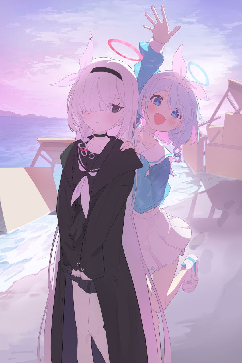 2girls :d a.r.o.n.a_(blue_archive) absurdres applepie_(12711019) arm_up arona_(blue_archive) bare_legs beach black_choker black_coat black_eyes black_hairband black_sailor_collar black_serafuku black_skirt blue_archive blue_eyes blue_hair blue_halo blue_pupils blue_serafuku blush braid choker coat collarbone colored_inner_hair commentary desk feet_out_of_frame footwear_ribbon hair_over_one_eye hair_ribbon hairband halo hand_on_another's_shoulder highres leg_up light_blue_hair long_hair medium_hair miniskirt multicolored_hair multiple_girls neckerchief ocean open_clothes open_coat outdoors own_hands_together pink_hair pink_halo pleated_skirt red_pupils ribbon sailor_collar school_desk school_uniform serafuku shoes side_braid single_braid skirt smile sneakers symbol-only_commentary very_long_hair waving white_choker white_footwear white_hair white_hairband white_neckerchief white_ribbon white_sailor_collar white_skirt