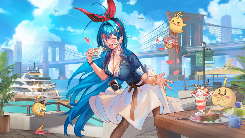 1girl :p absurdres alex_sap alternate_costume antenna_hair azur_lane bird black_pantyhose blue_eyes blue_hair blue_sky blue_sleeves blush bracelet brooklyn_bridge camera chick cloud cloudy_sky dress earrings english_text food hair_intakes hair_ornament hairband hairclip halter_dress halterneck heart highres holding holding_photo hoop_earrings ice_cream ice_cream_cone jewelry long_hair looking_at_viewer manjuu_(azur_lane) new_jersey_(azur_lane) one_eye_closed one_world_trade_center open_mouth outdoors pantyhose parfait photo_(object) red_hairband ring sky smile tongue tongue_out very_long_hair water wedding_ring white_dress