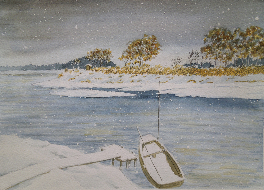 boat derivative_work grey_sky highres horizon house naoy_watercolor no_humans original painting_(medium) pier river riverbank scenery sky snow snowing traditional_media tree watercraft