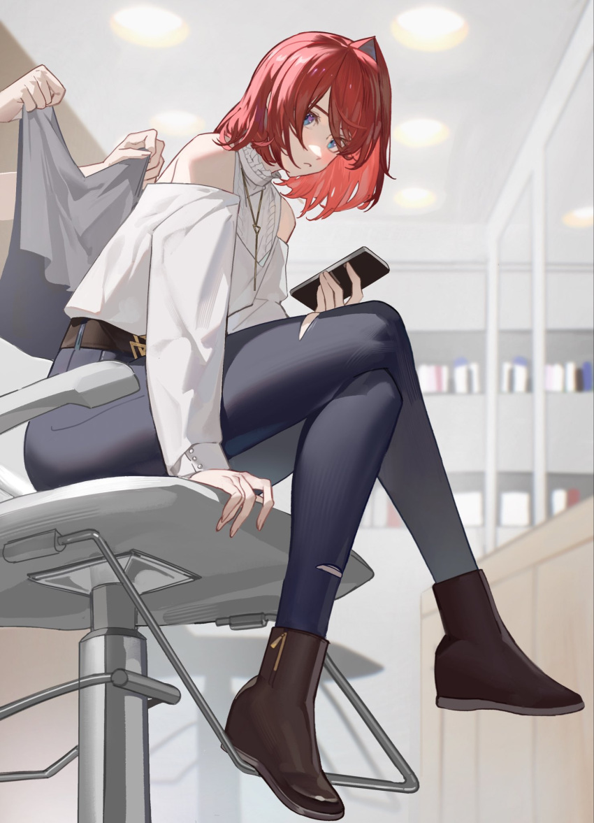 1girl ange_katrina ange_katrina_(5th_costume) black_pants blue_eyes brown_footwear cellphone clothing_cutout crossed_legs from_side hair_salon highres holding holding_phone indoors jewelry kamitoge_supino looking_at_viewer necklace nijisanji pants phone red_hair short_hair shoulder_cutout smartphone solo_focus sweater torn_clothes torn_pants virtual_youtuber white_sweater