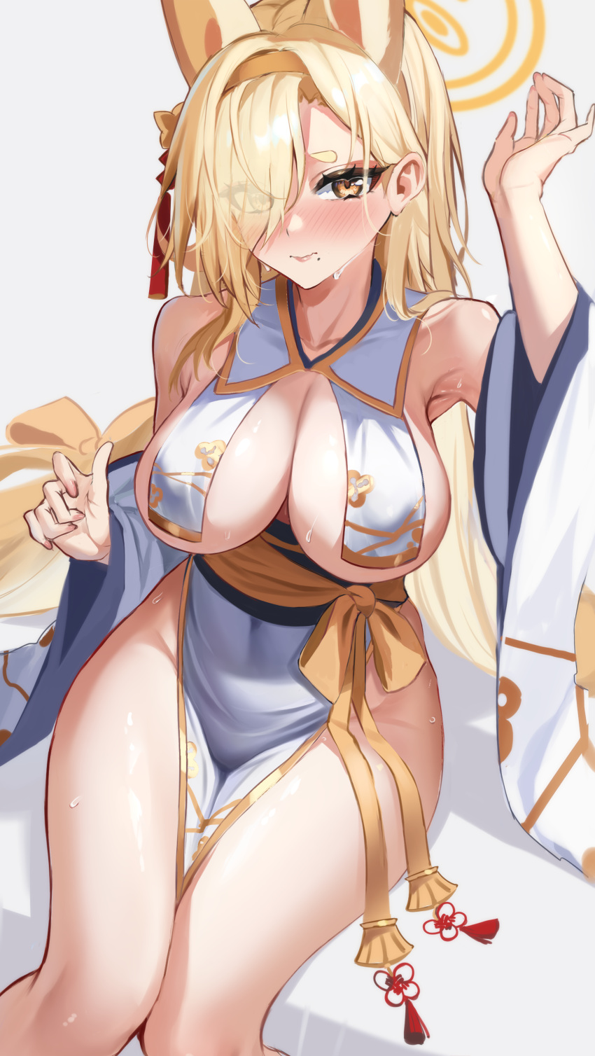 1girl absurdres animal_ears armpits bare_shoulders blonde_hair blue_archive blush breast_curtains breasts cleavage covered_navel detached_sleeves fox_ears hair_over_one_eye hairband halo highres japanese_clothes kaho_(blue_archive) kimono large_breasts long_hair looking_at_viewer mole mole_under_mouth pelvic_curtain revealing_clothes side_slit sideboob sitting sleeveless sleeveless_kimono solo stone_(ksorede) sweat tassel thick_eyebrows thighs white_background white_kimono wide_sleeves yellow_eyes yellow_hairband yellow_halo