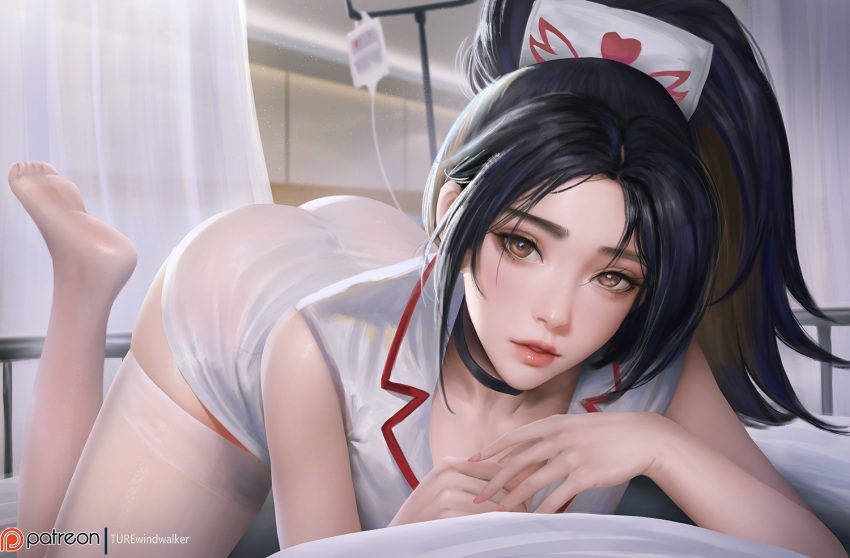 1girl akali all_fours black_choker black_hair brown_eyes choker curtains dress elbow_rest infirmary intravenous_drip iv_stand league_of_legends lips long_hair looking_at_viewer no_shoes nurse_akali official_alternate_costume parted_lips ponytail realistic short_dress skindentation sleeveless soles solo taut_clothes thighhighs turewindwalker white_thighhighs