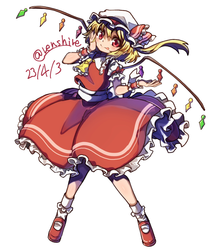 1girl :p blonde_hair closed_mouth commentary crystal dated flandre_scarlet frilled_skirt frills full_body hat hat_ribbon highres mob_cap one-hour_drawing_challenge one_side_up red_eyes red_footwear red_ribbon red_skirt red_vest renshirenji ribbon shirt short_sleeves simple_background skirt socks solo tongue tongue_out touhou twitter_username vest white_background white_headwear white_shirt white_socks wings wrist_cuffs